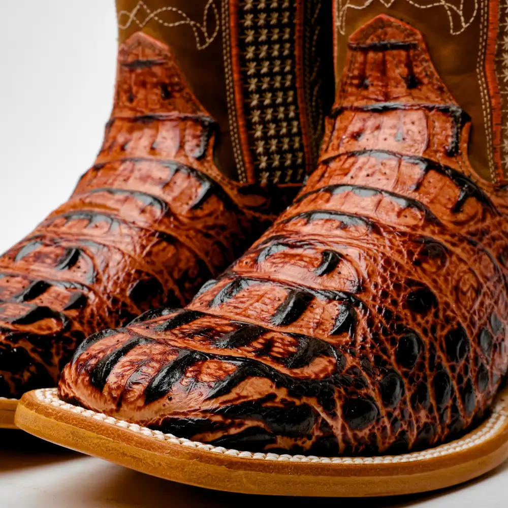 Cognac Caiman Neck Leather Boots - Square Toe