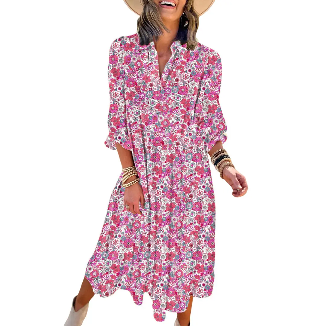 Women's Casual Bohemian Floral Dress 2026 V-Neck Long Puff Sleeve Midi Dress Soft Fabric Comfortable Summer Dress - Womenswear