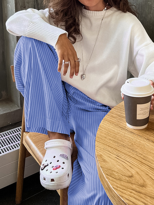 Buttoned Elasticity Split-Joint Striped Loose Wide Leg Trousers Pants