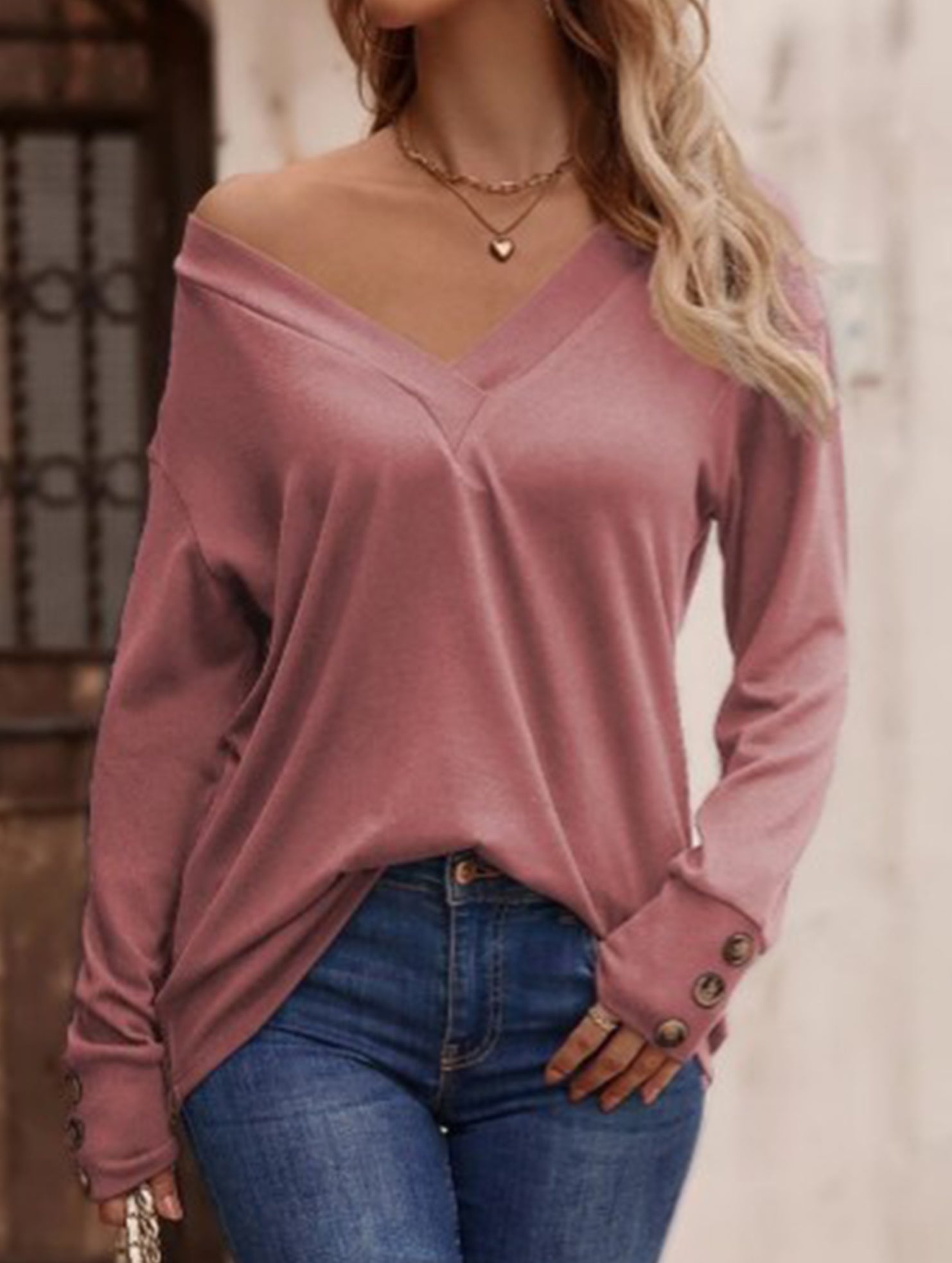 Solid V Neck Button Loose Long Sleeve Tee_CWTTL01231