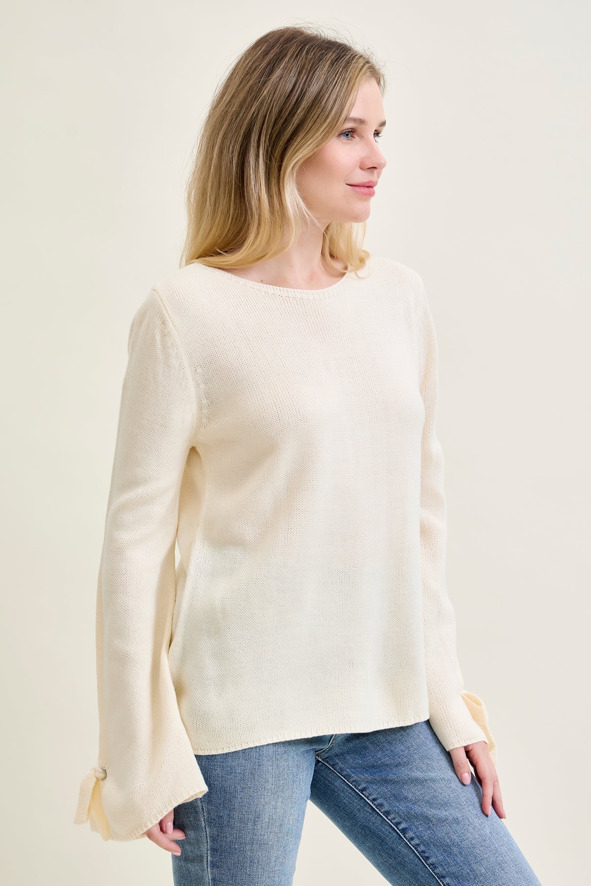Tie Sleeve Pullover White Sweater