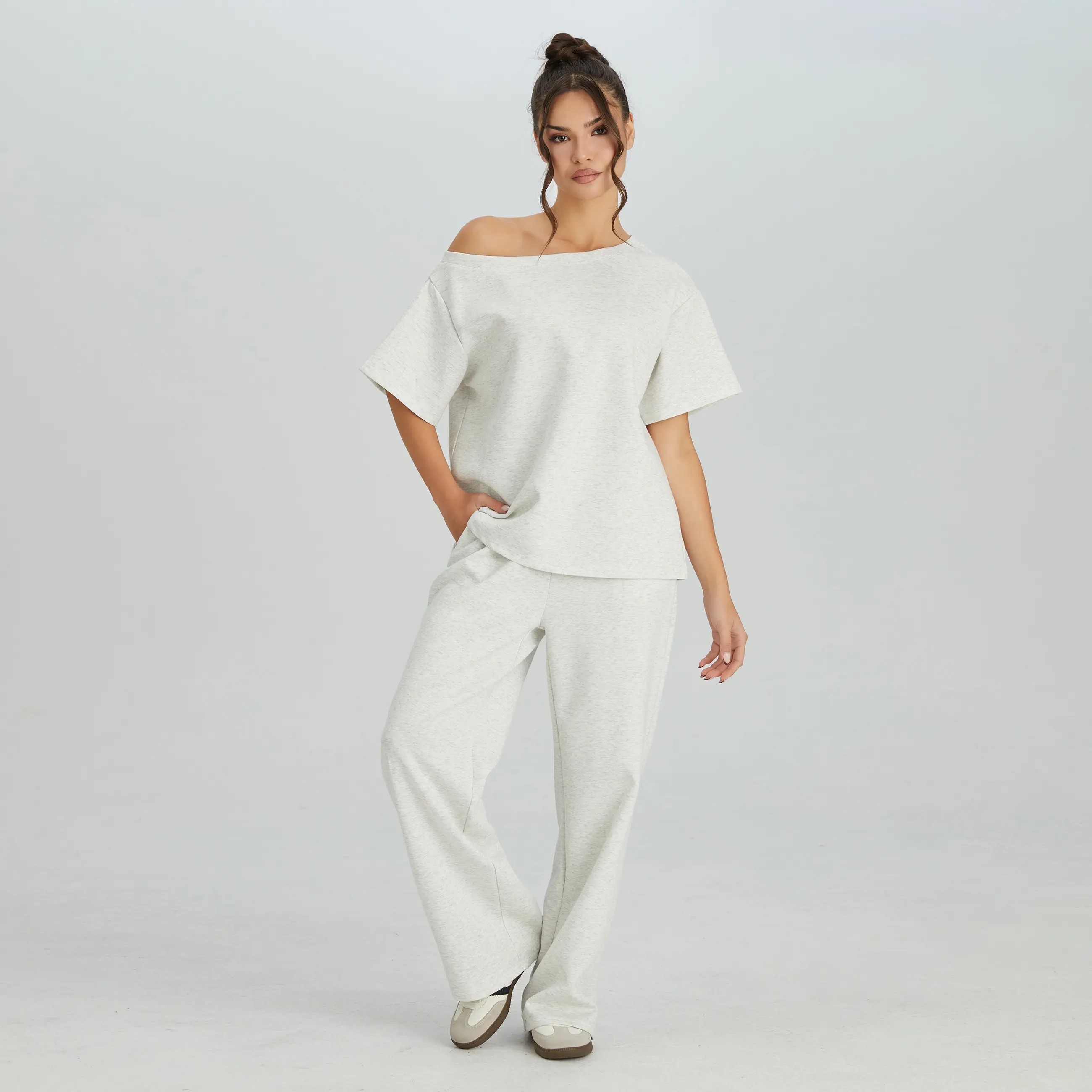 🔥Easter Sale!Women's Leisure Solid Color Sloping Shoulder Short Sleeve Top & Drawstring Waist Wide Leg Trousers Co-ord