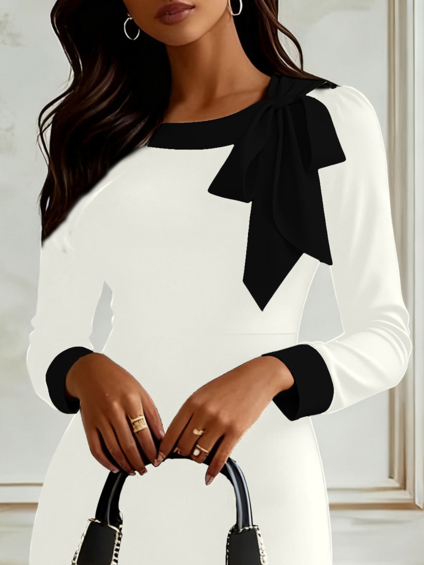 Bowknot Contrast Trim Long Sleeve Dress