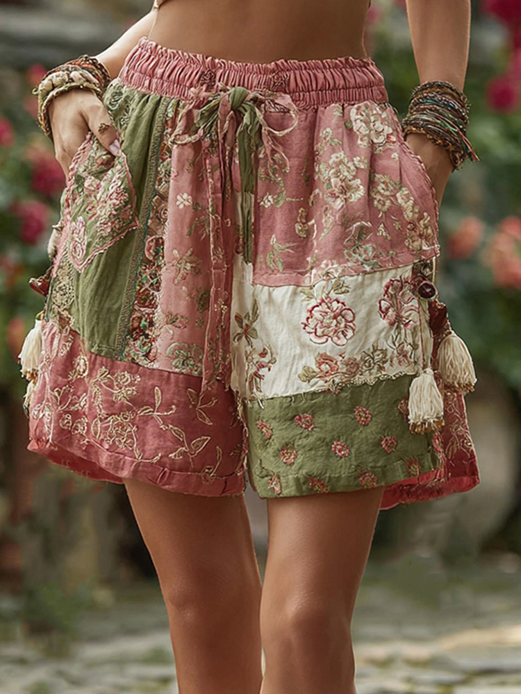 Retro Rose And Floral Patchwork Art Linen Drawstring Shorts