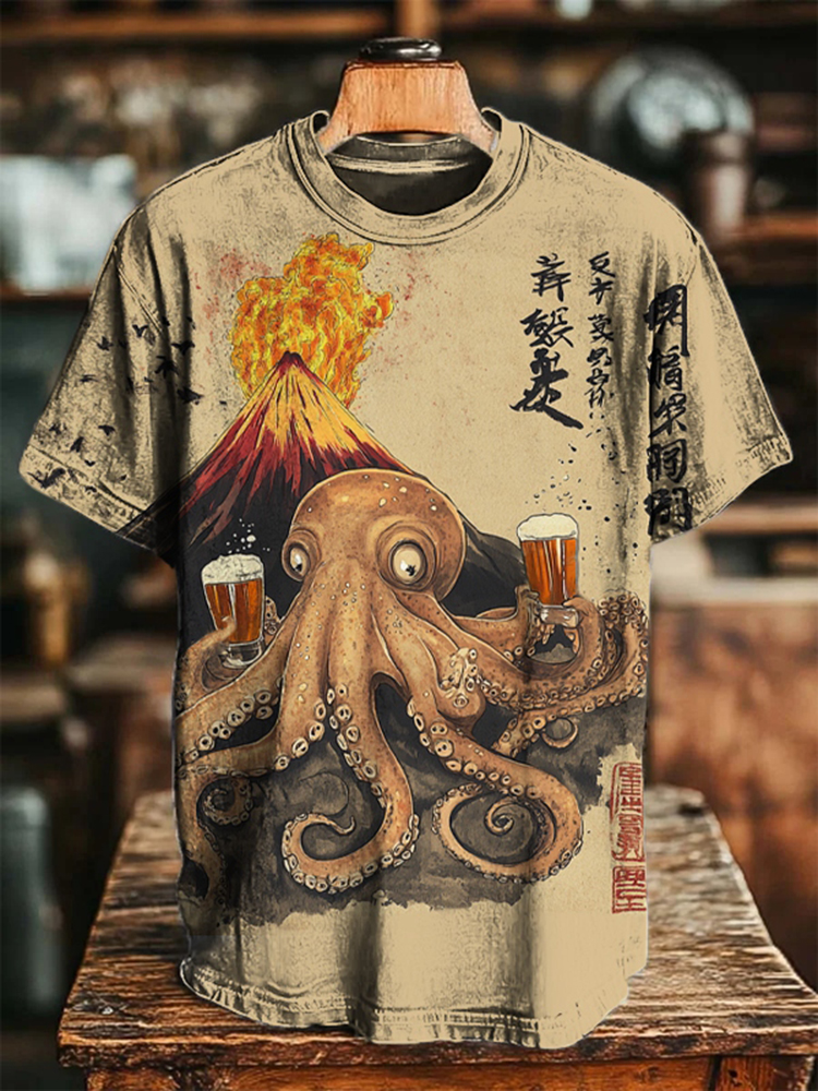 Men's Drunk Octopus Calligraphy Art Print Casual T-shirt