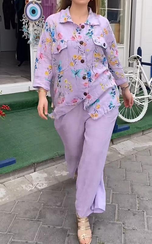 Women Casual Lapel Single-breasted Printed Two-piece Suit