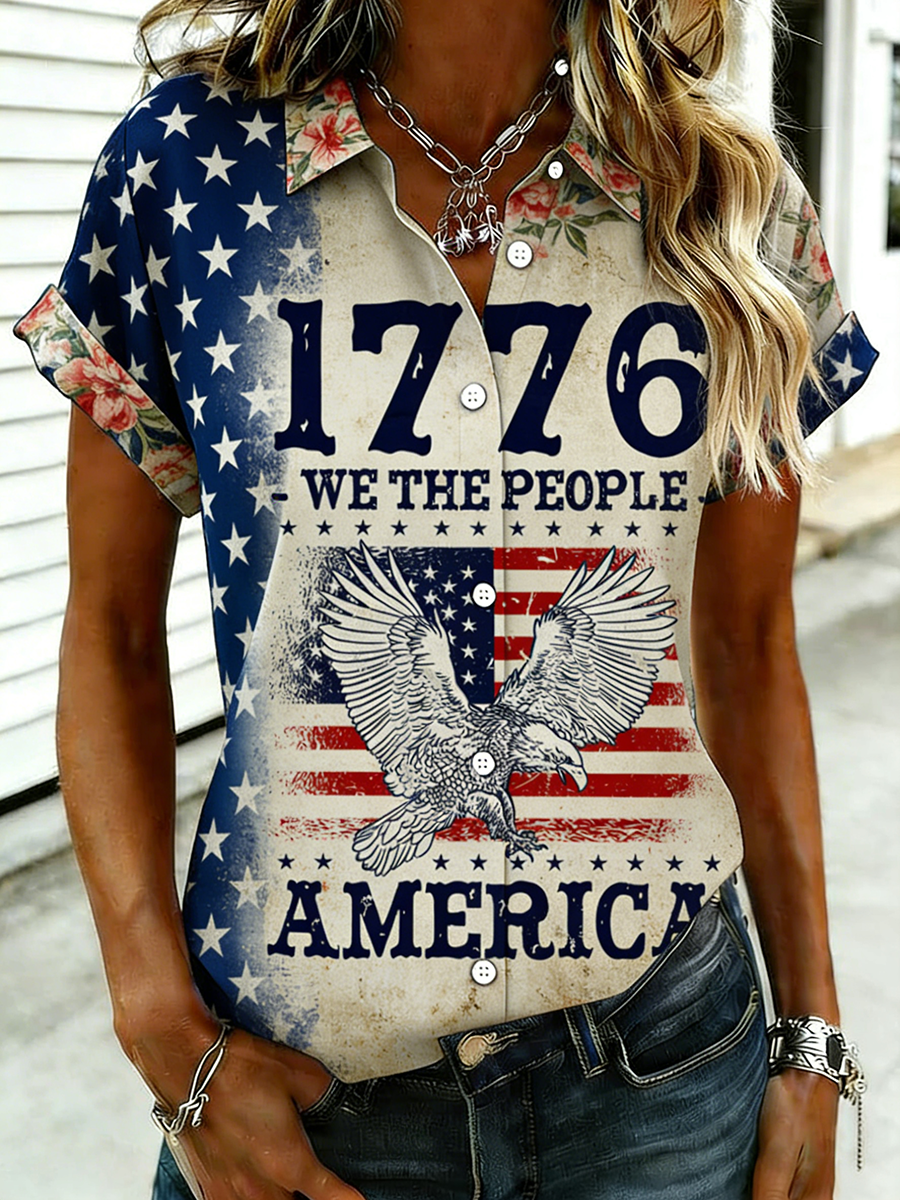 Patriotic Vintage 1776 We The People America Eagle Flag Distressed Button Down Shirt