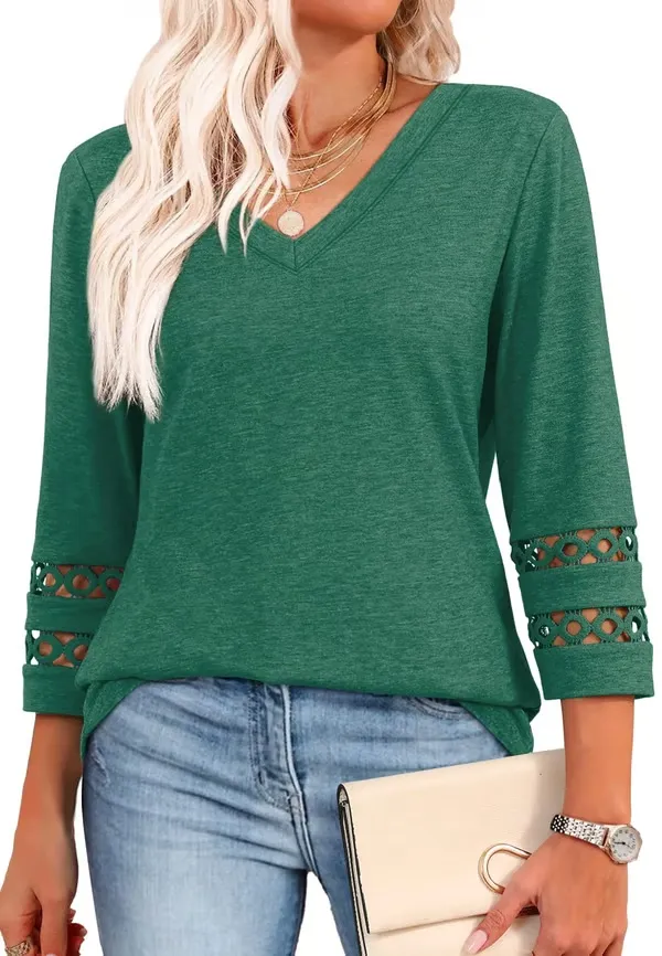 Womens 3/4 Length Sleeve Tops Trendy V Neck T Shirts(Just $3 a Each!)