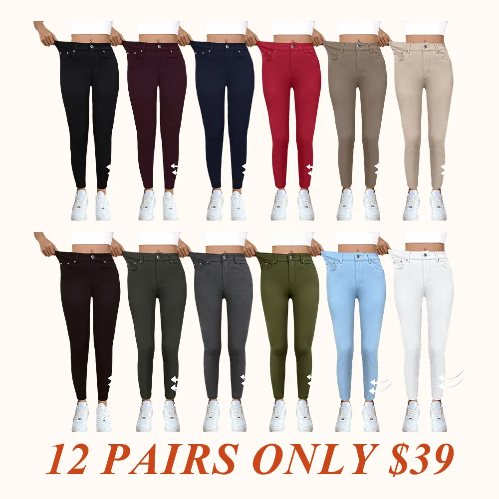 Women's Plain Pocket with Buttons, Casual Comfy Skinny Sports Stretchy Leggings for Yoga Gym Workout