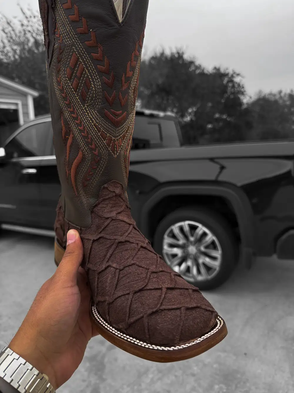 Chocolate Brown Rough-Out Pirarucu Leather Boots - Square Toe