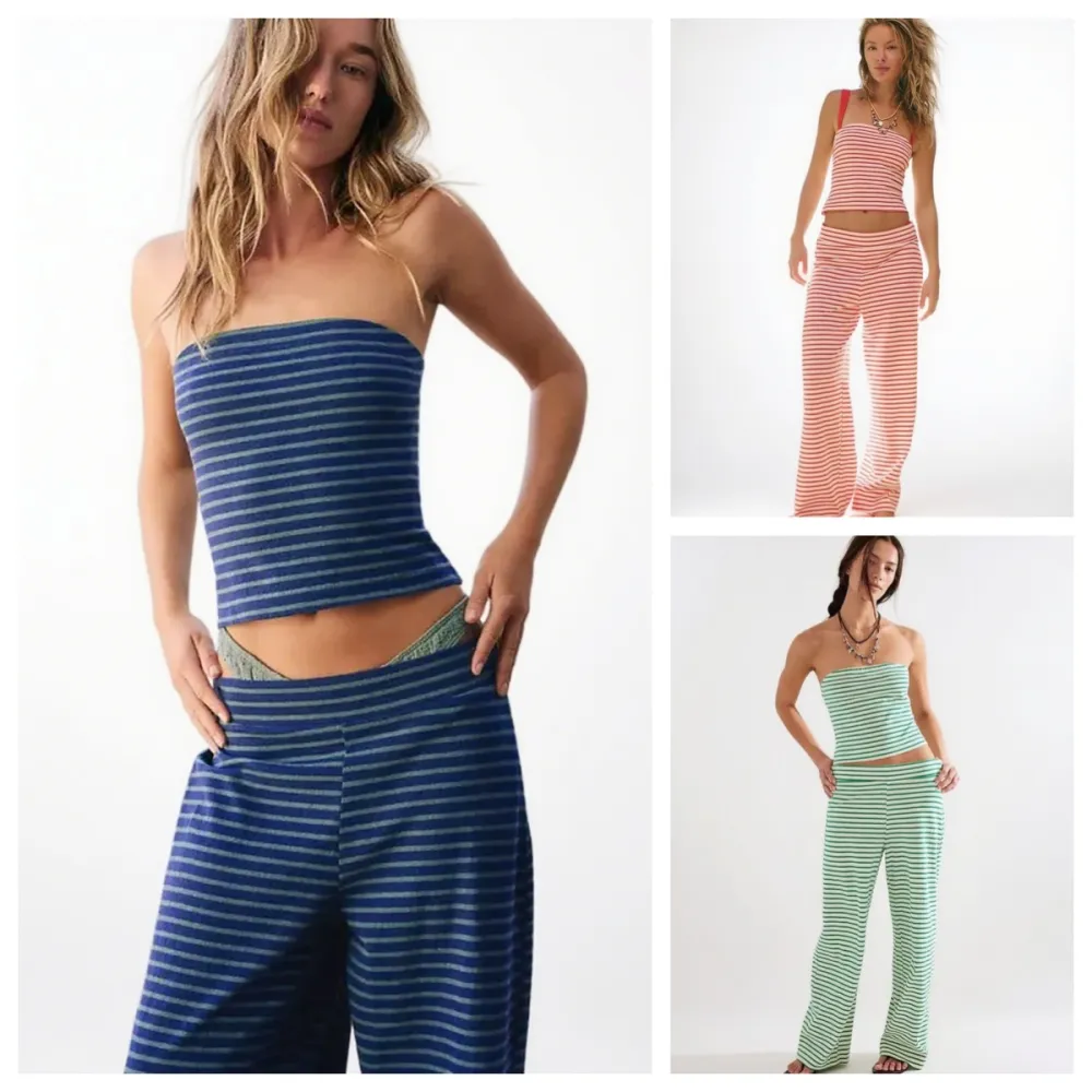 Women's Striped Print Crop Tube Top & Wide Leg Pants Set