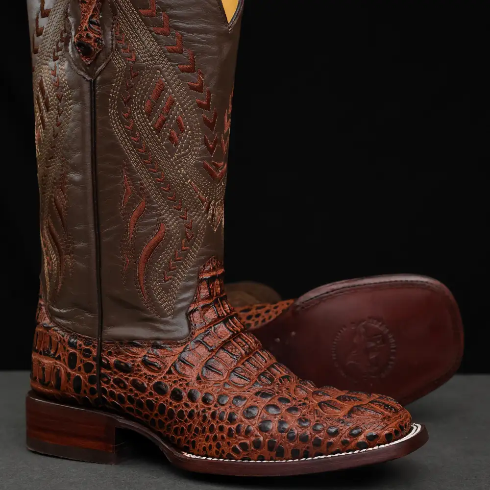 Cognac Caiman Neck Leather Boots - Square Toe