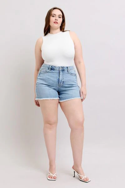 Blue Full Size Tummy Control Raw Hem Denim Shorts