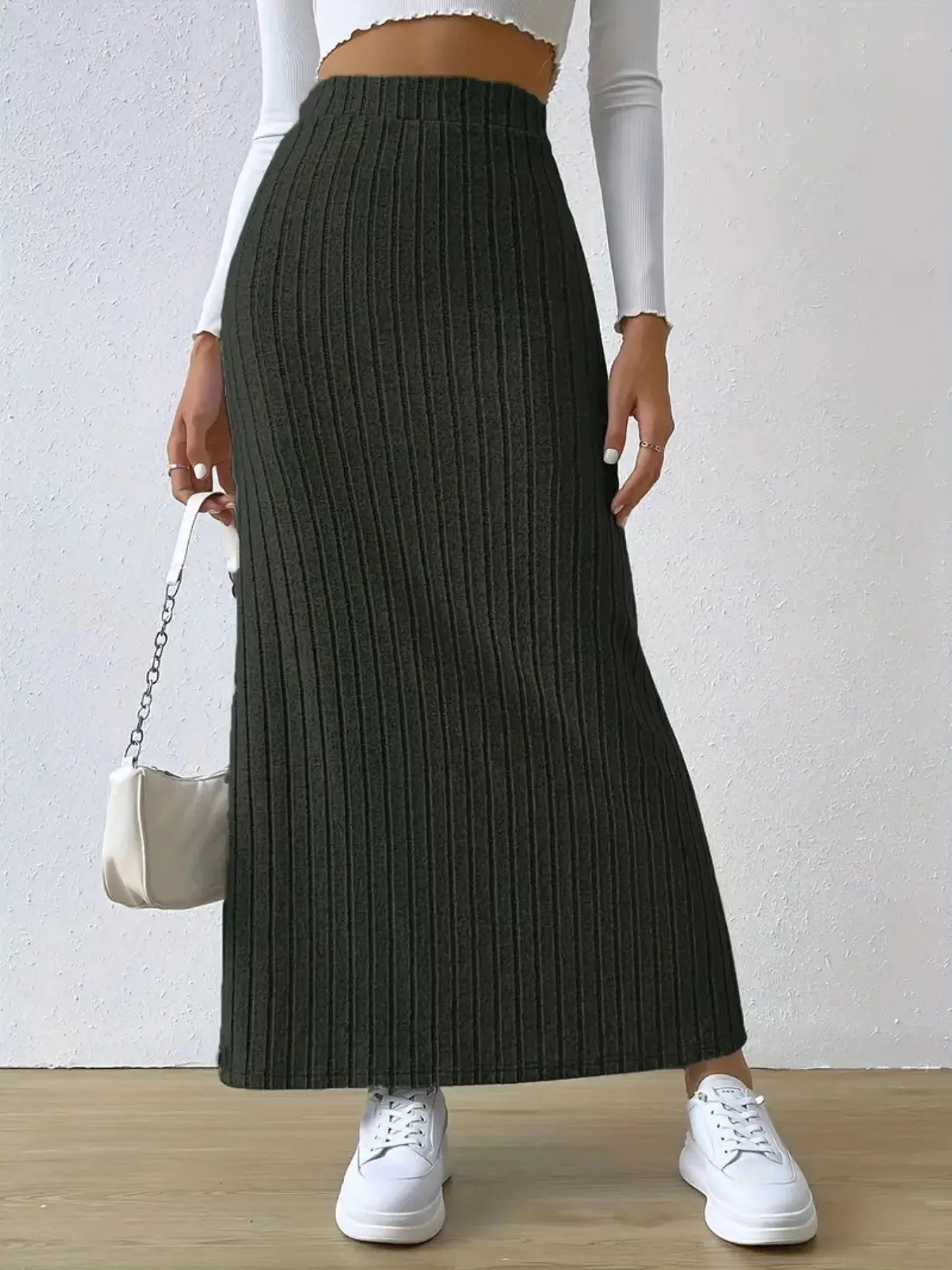High Waist Ribbed Knit Maxi Skirt