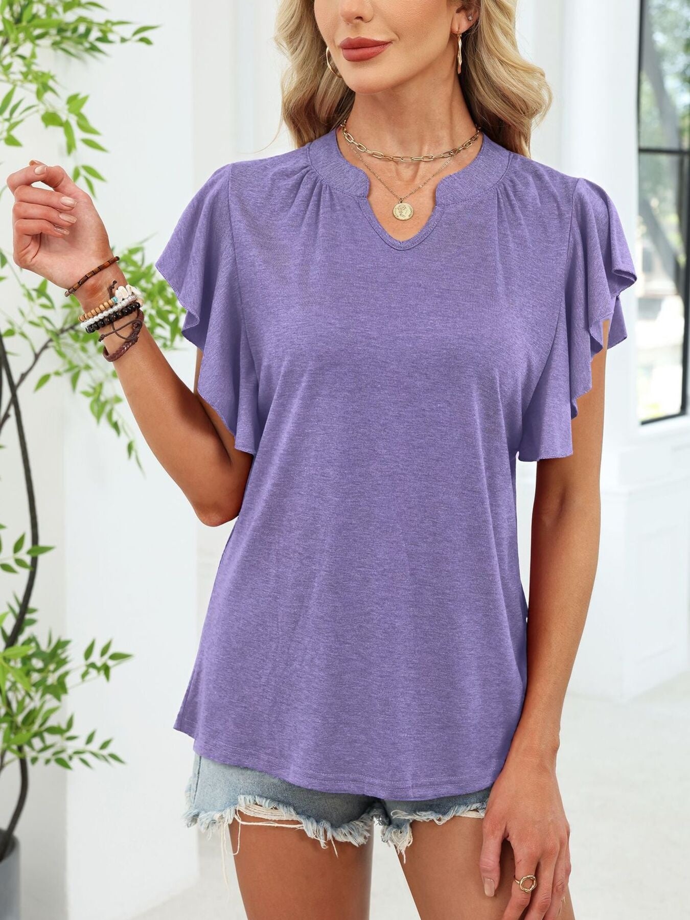 Ruffle Sleeve Notched T-Shirt
