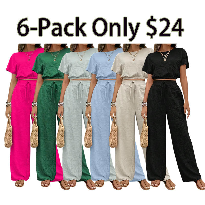 Women's Solid Color Rib-Knit Top & Wide Leg Pants Lounge Set