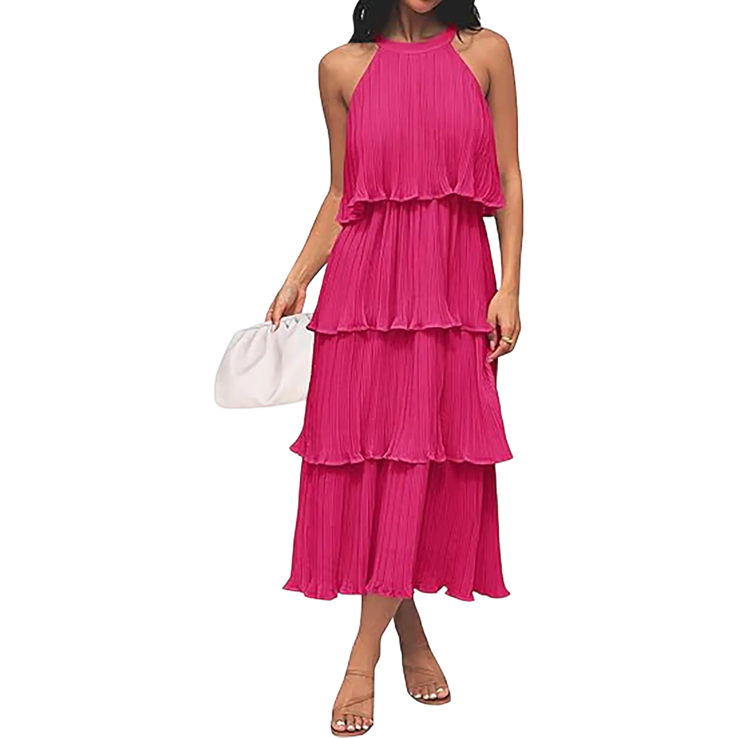 ✨Women's 2026 Summer Sleeveless Halter Neck Ruffle Tiered Layed Chiffon Flowy Swing Long Midi Dress