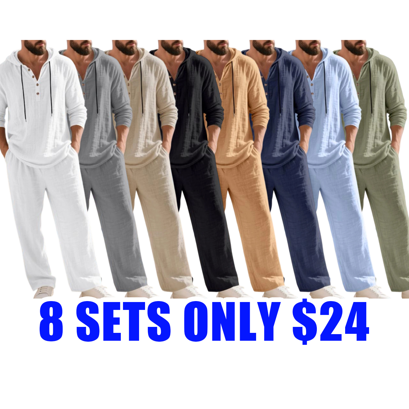 Men’s Linen Hooded Two-Piece Set with Wide-Leg Pants
