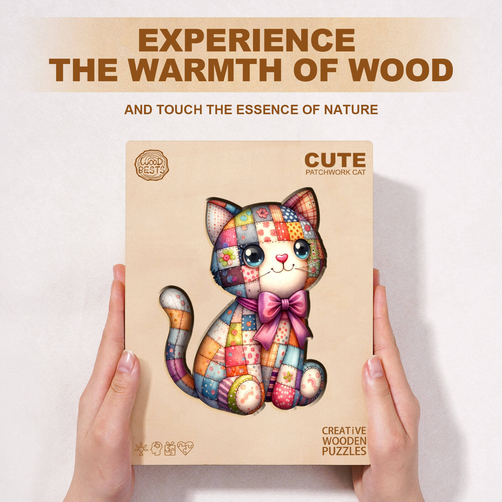 Cute Patchwork Cat Wooden Jigsaw Puzzle
