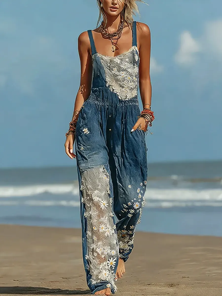Women's Retro Boho Ethnic Daisy Lace Floral Patchwork Casual Denim Jumpsuit