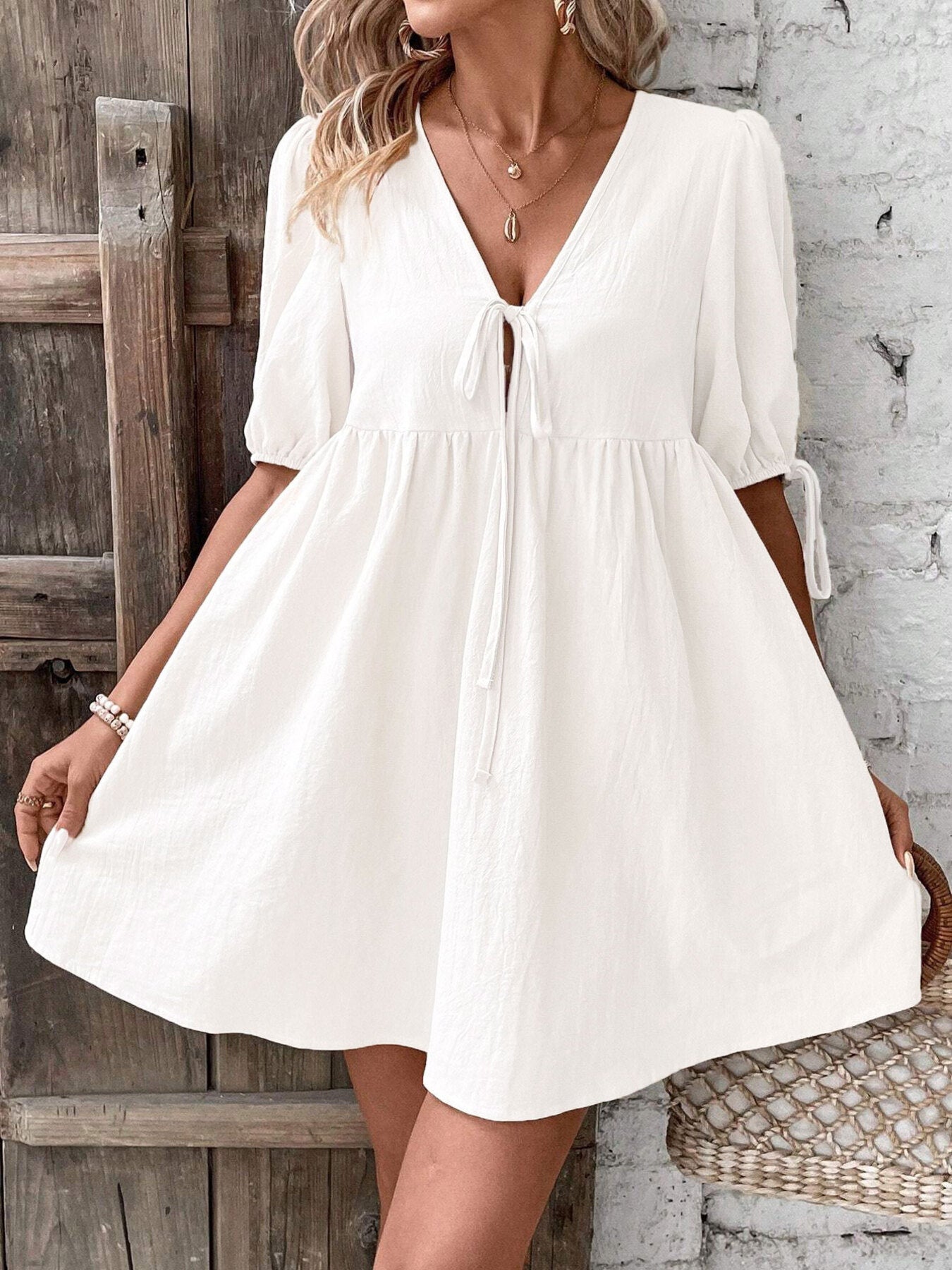 Tie Front Puff Sleeve Mini Dress
