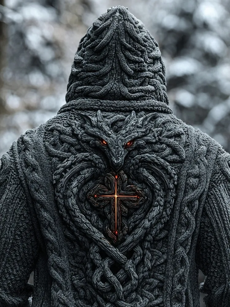 Men's Vintage Dragon Cross Celtic Cozy Hooded Sweater