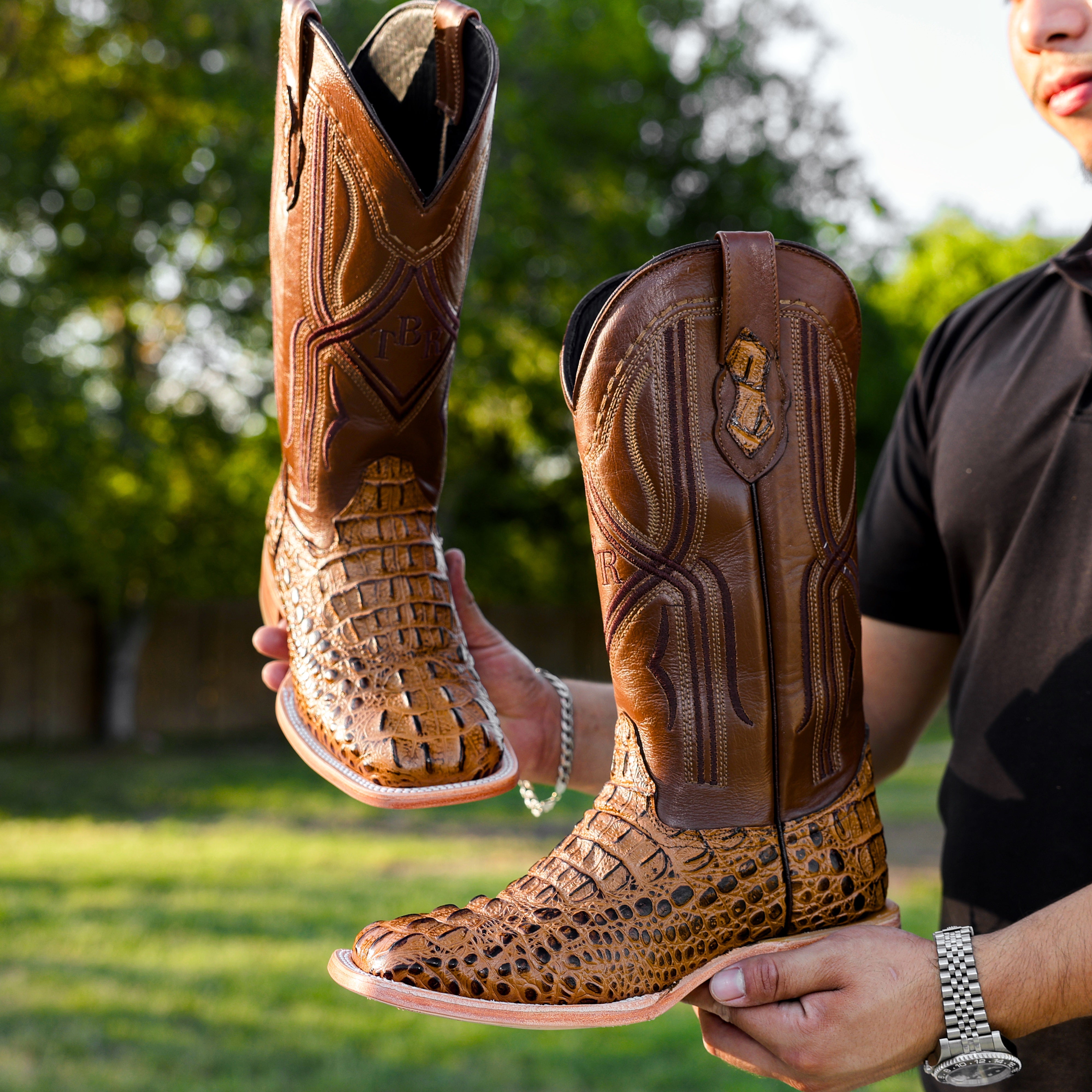Honey Caiman Neck Leather Boots - Square Toe