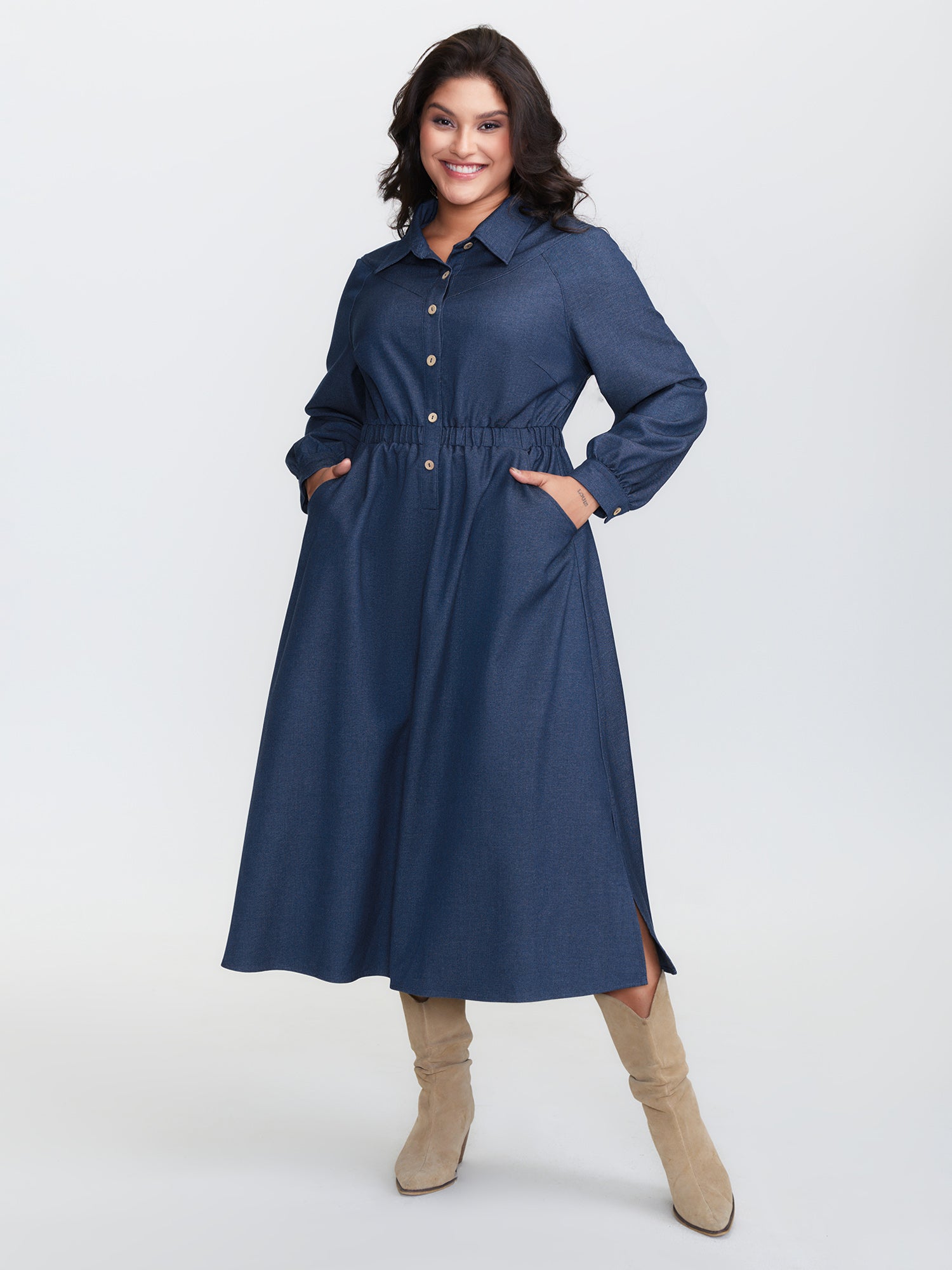 Stretchy Waist Slit Denim-Like Midi Dress