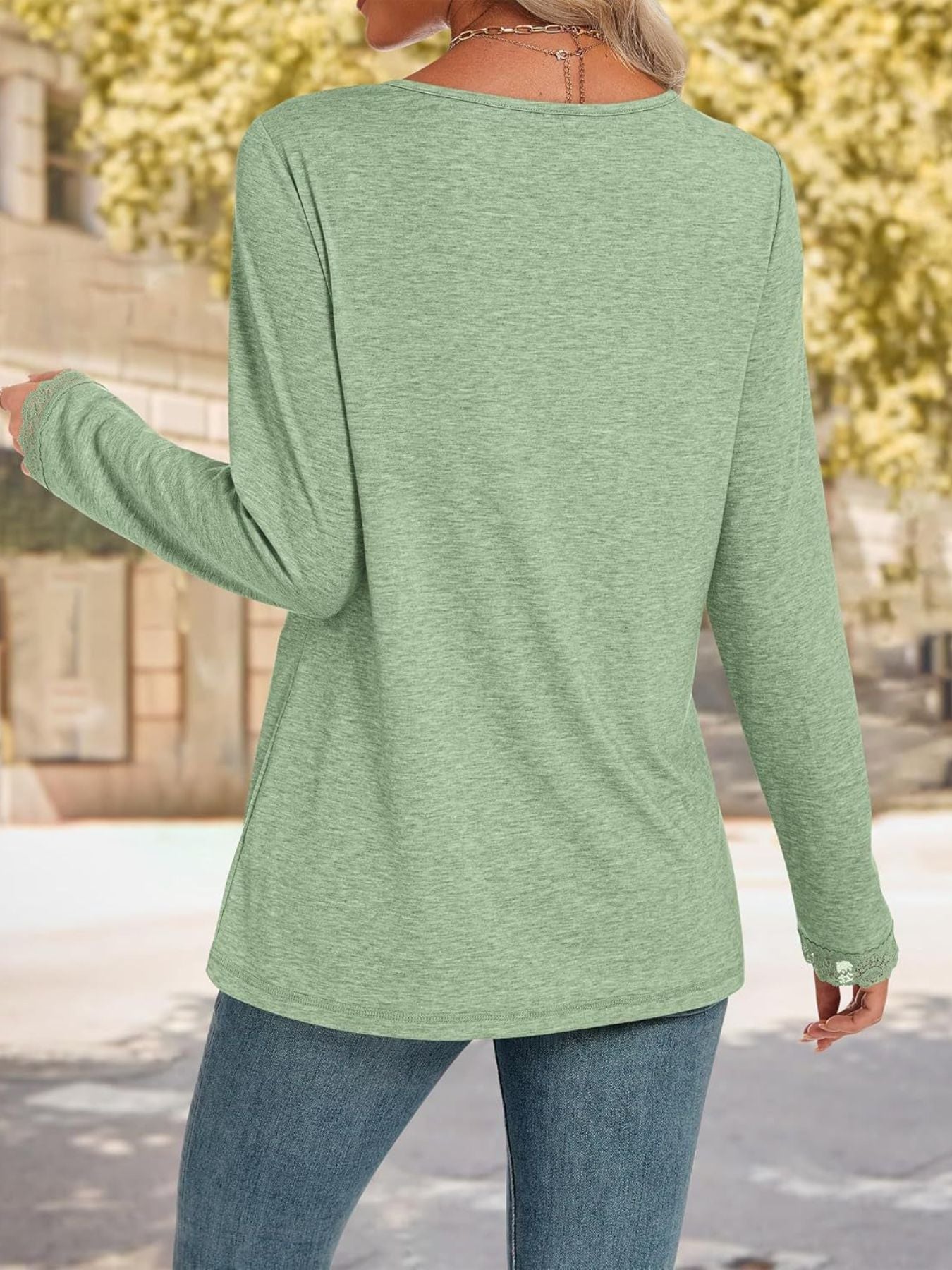 Lace Trim V-Neck Long Sleeve T-Shirt