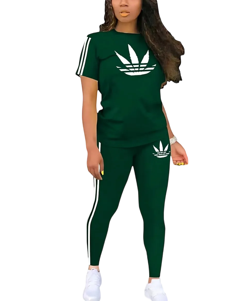 Women's Printed Casual Sporty Round Neck Drawstring Short Sleeve and Long Pants Two-Piece Set