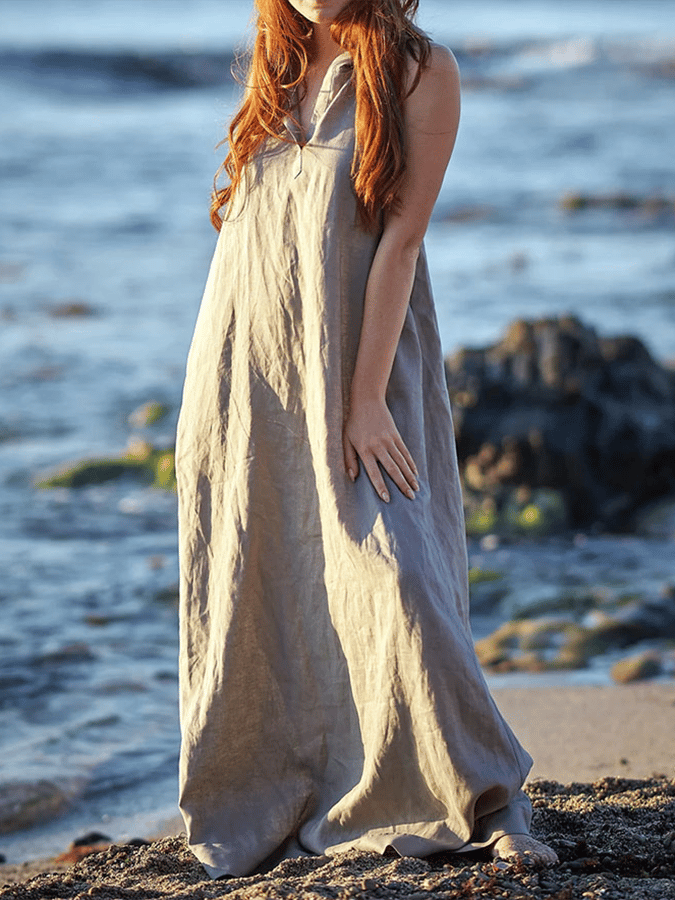 Women's Retro Solid Color Hooded Sleeveless Loose Casual Cotton Dress  316b