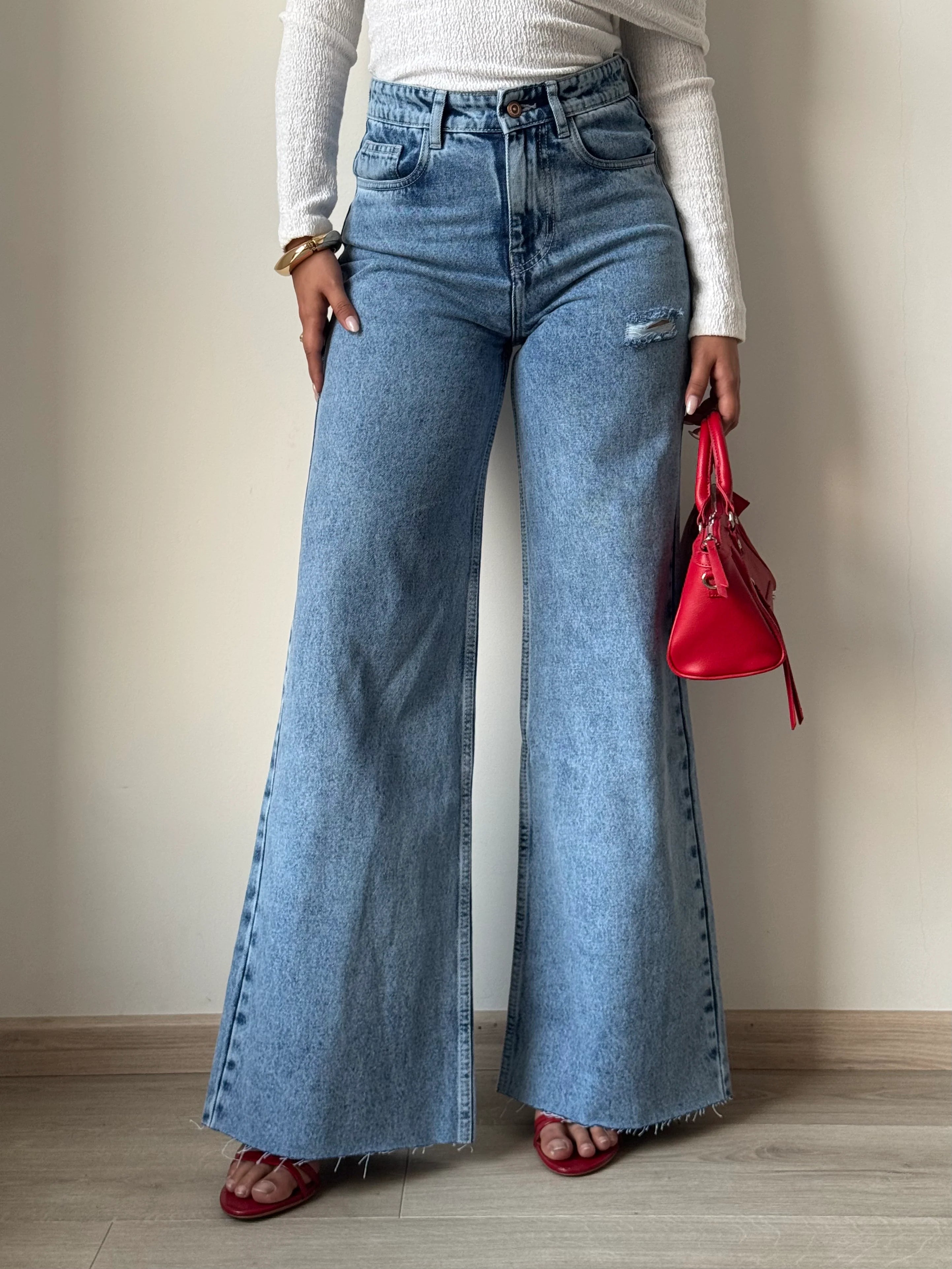 Raw Rip Stone Blue Wide Leg Jeans
