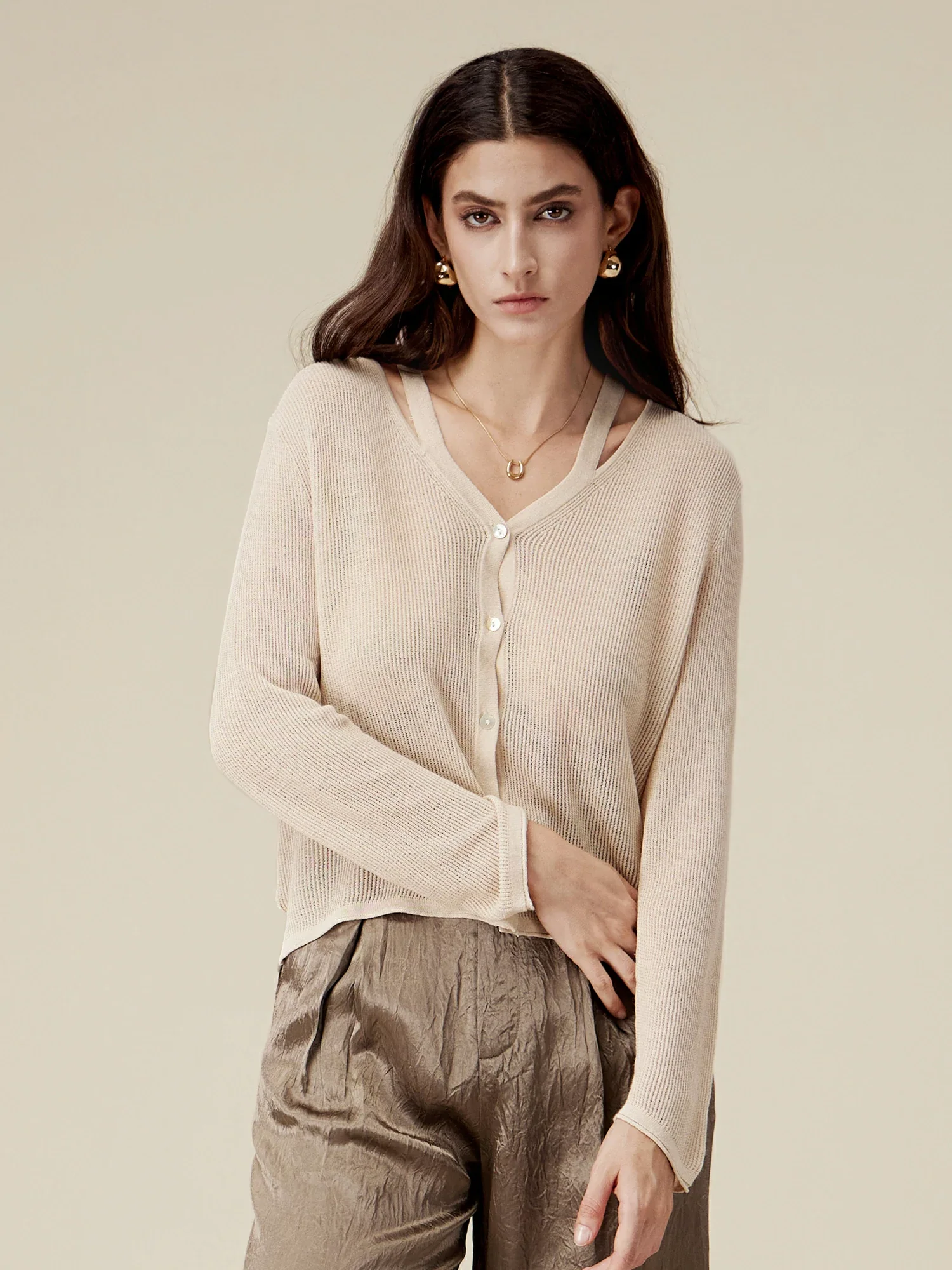 Elegant Beige Knit Cardigan