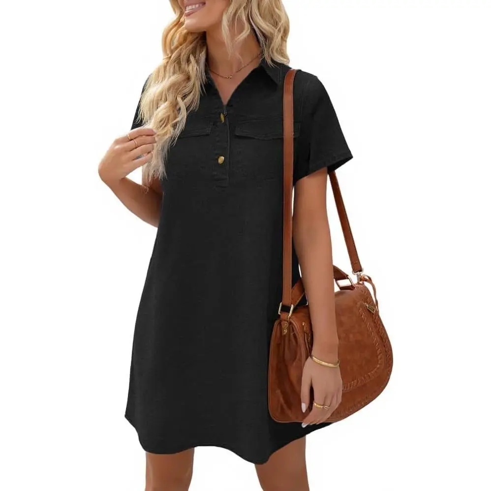 Women's Short Sleeve Denim Dress Button Down Collared Loose Fit Summer Casual Jean Shirt Mini Dresses