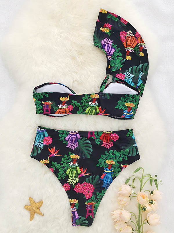 One-Shoulder Falbala High-Waisted Bikini Swimwear