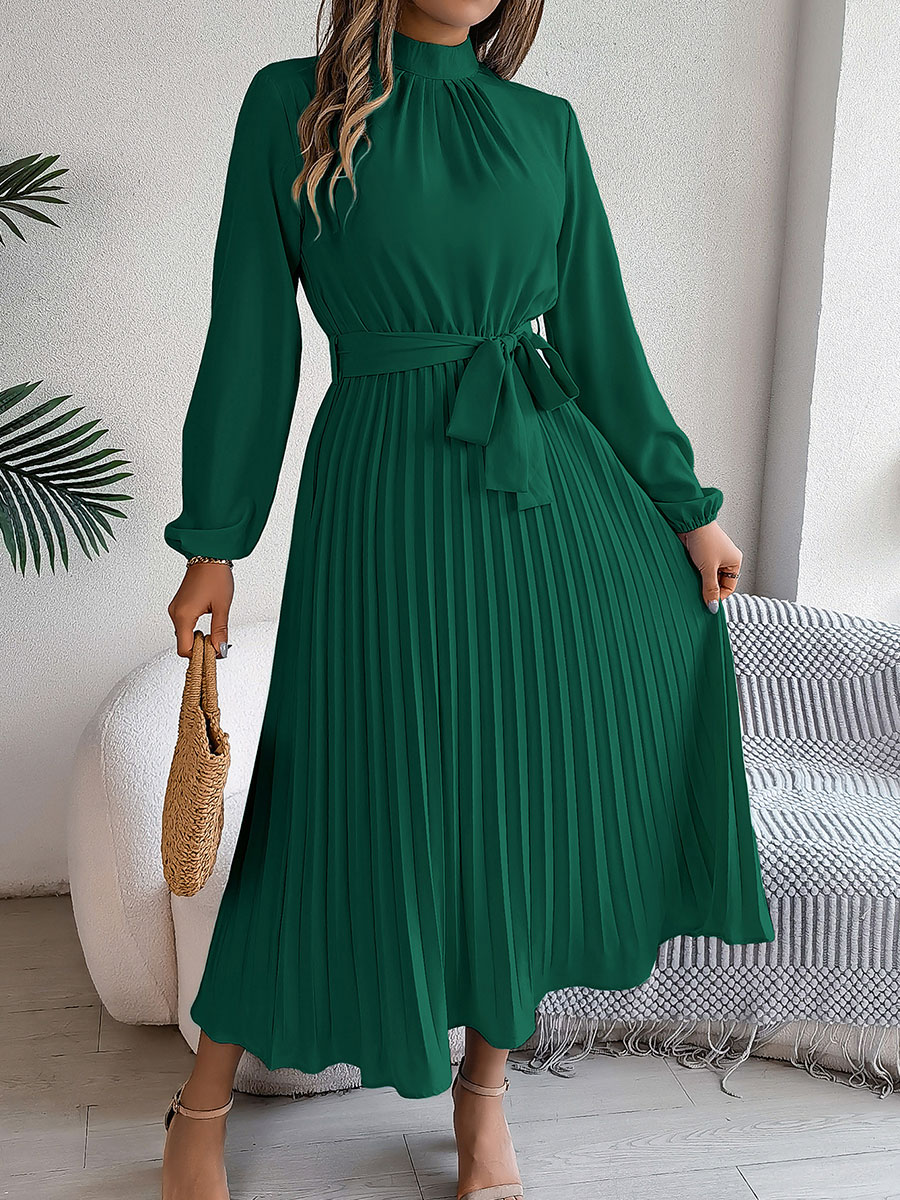 Women's Stand-up Collar Long-sleeved Lace Up Pleated Dress