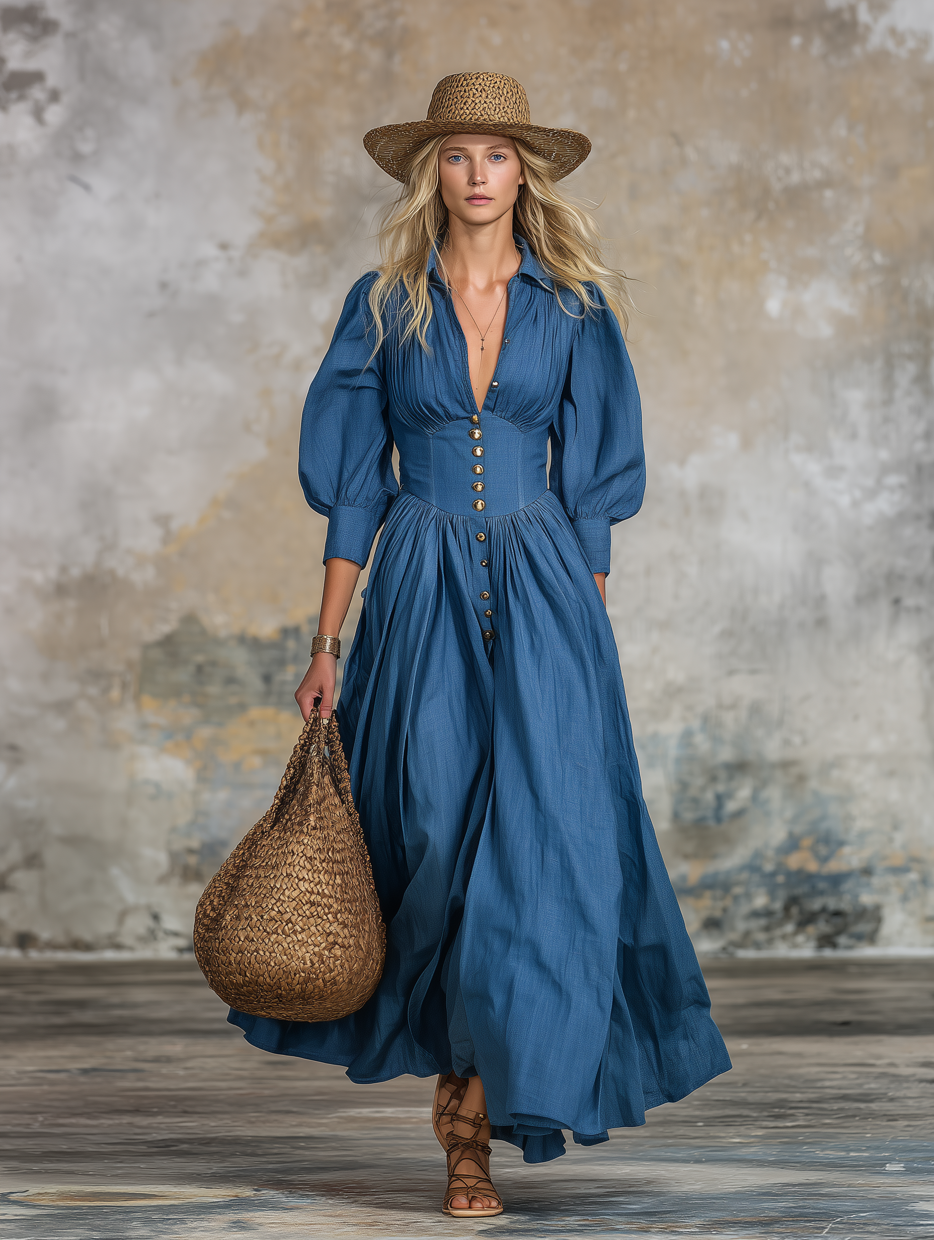 Stylish Blue Denim V-neck Button-down  With Flared Hem Maxi Dress