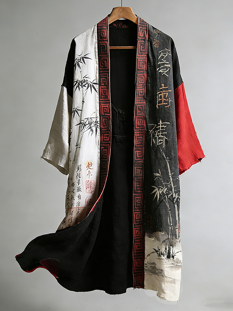 Vintage Japanese Art Ink Bamboo Print Distressed Color-block Kimono
