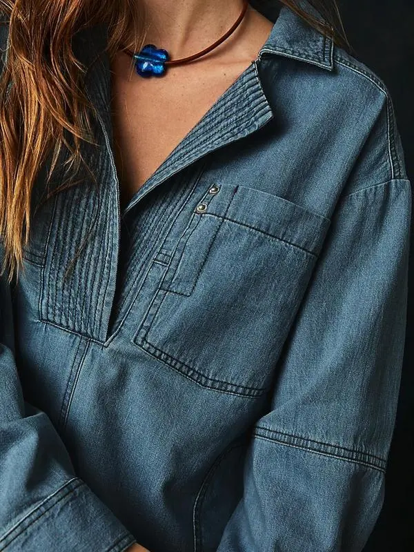 Women's Denim Pullover Casual Loose Fit V Neck Blouse