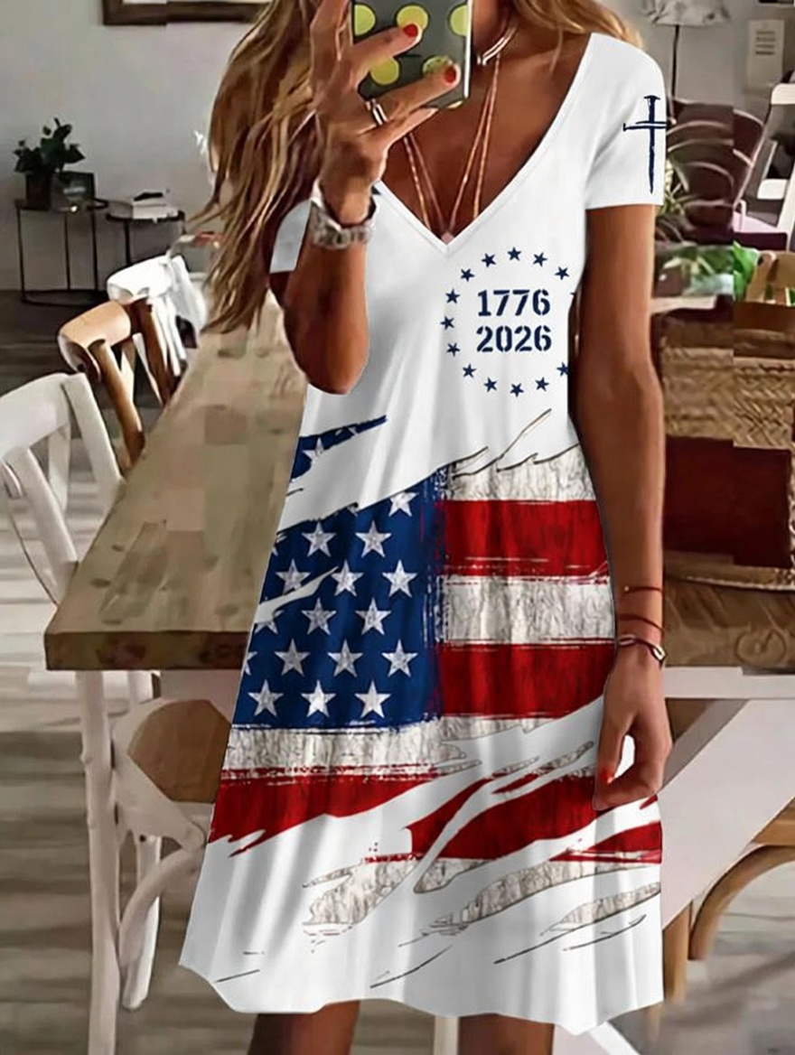 Women'S Daily Casual V-Neck American Flag Independence Day Celebration Printed Dress
