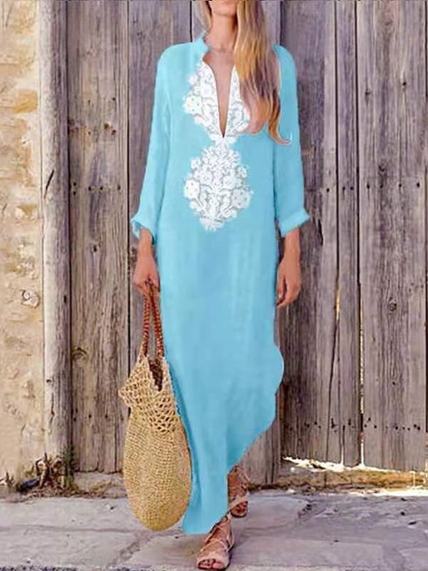 Women Vintage Ethnic Print Loose Long-sleeved Cotton Linen Dress