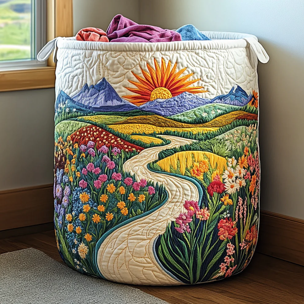 Bright Meadow Quilted Laundry Basket  | sun  flowers