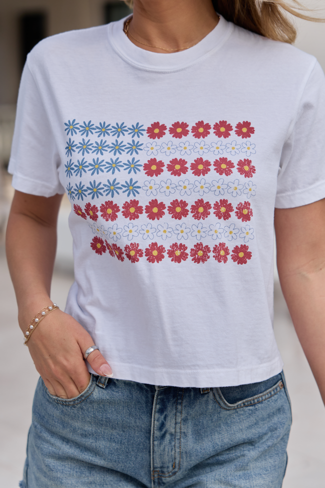 Multi Floral Flag White Boxy Graphic Tee