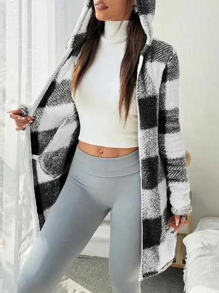 Women's Plaid Fleece Long Sleeve Hooded Coat