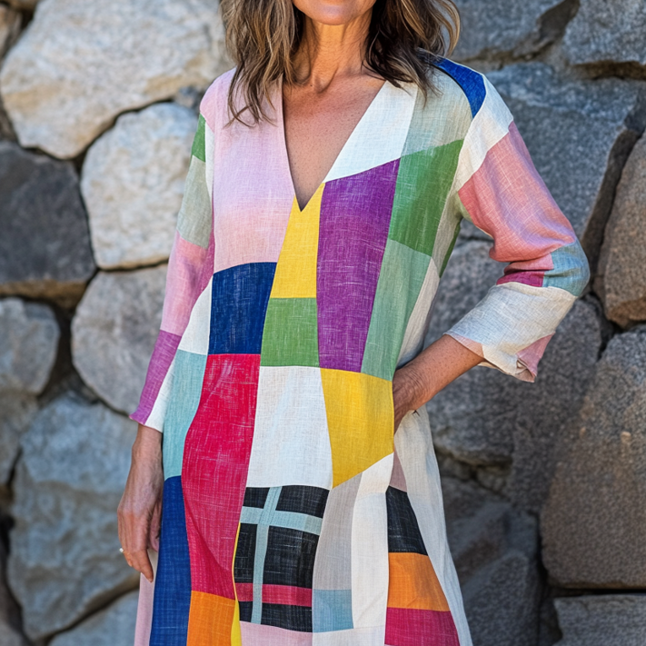 Vintage Loose Linen Patchwork Dress ffc1