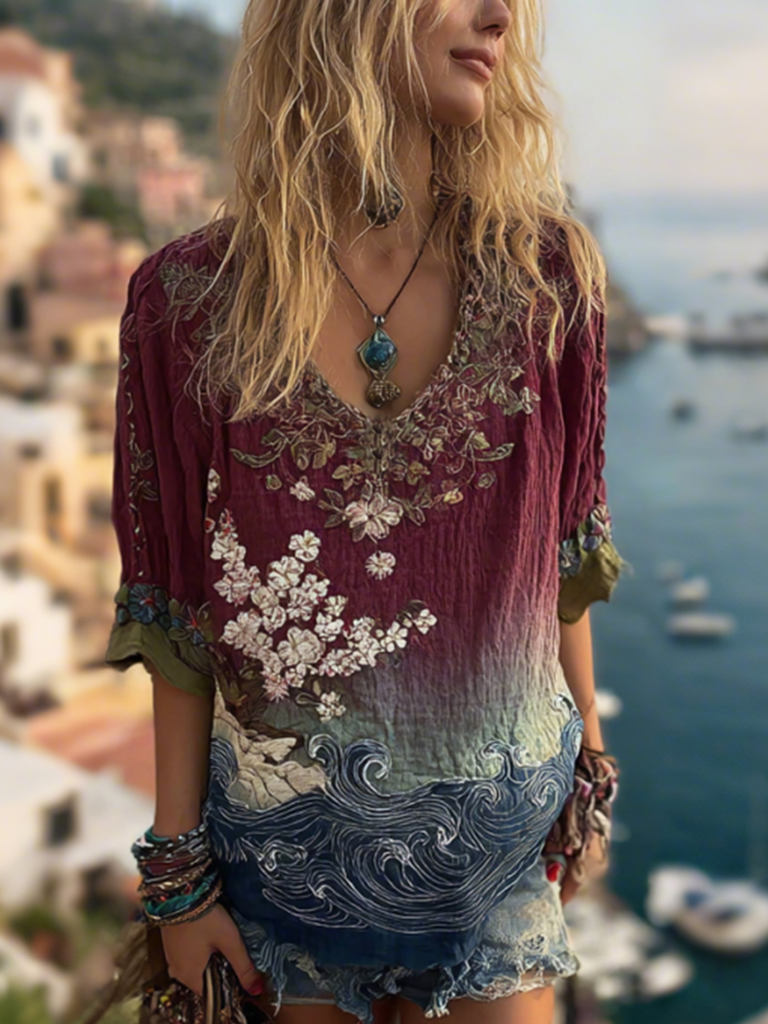 Classy Vintage Gradient Japanese Sakura Cherry Blossoms Embroidered Pattern Linen V Neck T-shirt