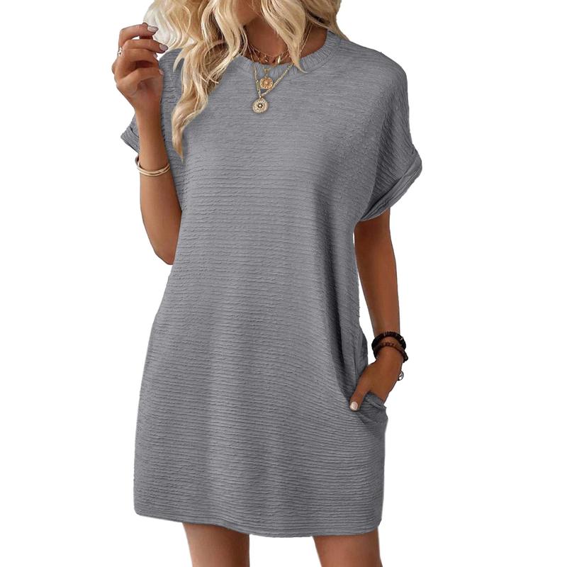 Women’s Casual Mini Dress – Lightweight Stretchy Short Sleeve Crewneck Dress for Summer & Beach Outfits