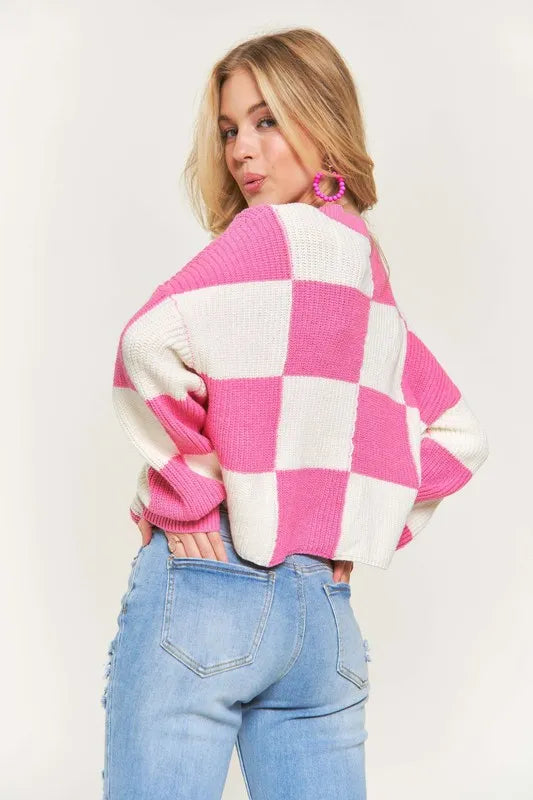 Plus Size Comfy Checkered Colorblock Sweater Top