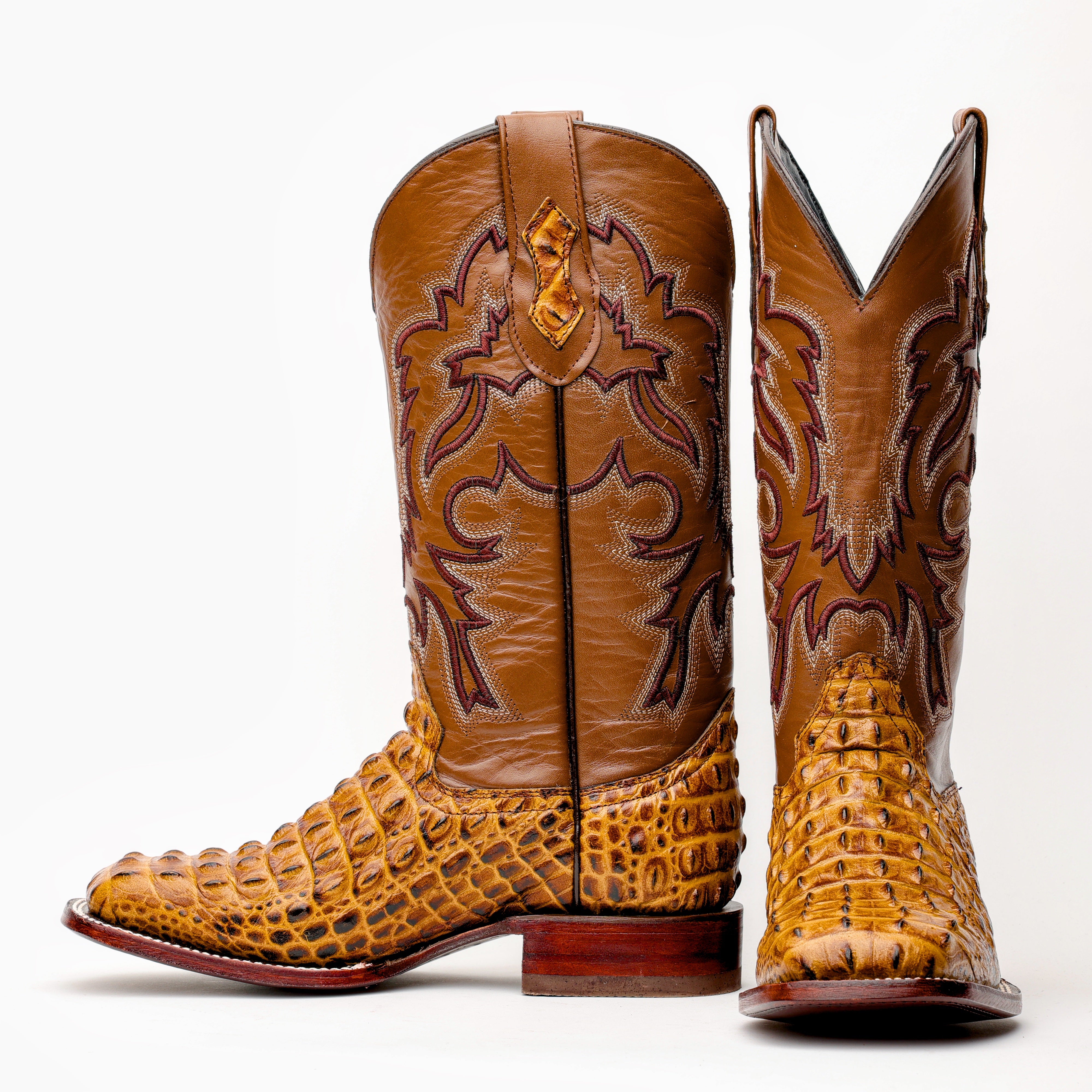 Honey Caiman Hornback Leather Boots - Square Toe