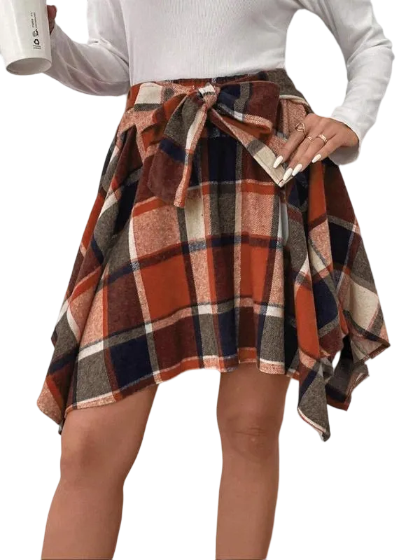 Women's Fashion Plaid Print Asymmetrical Hem High Waisted Skirt